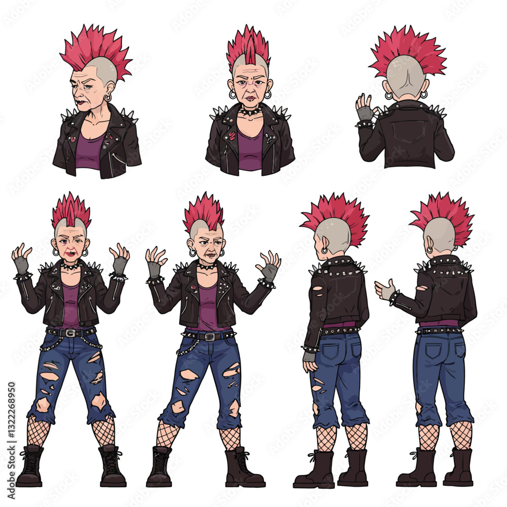 Naklejka premium Punk character design showcasing different poses in detailed vector art