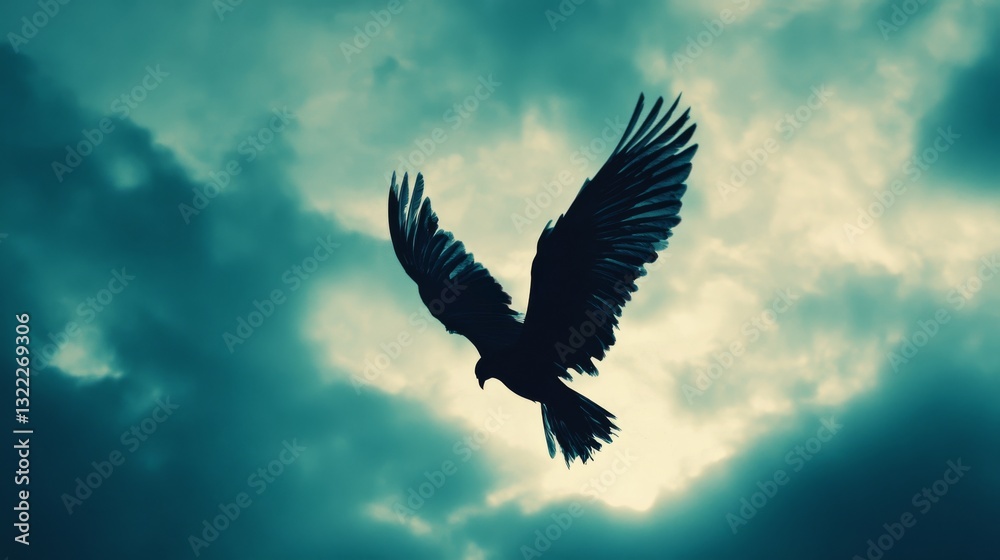 Fototapeta premium A solitary bird soars against a dramatic, moody sky, its wings spread wide amidst ominous, swirling clouds, symbolizing liberation and strength.