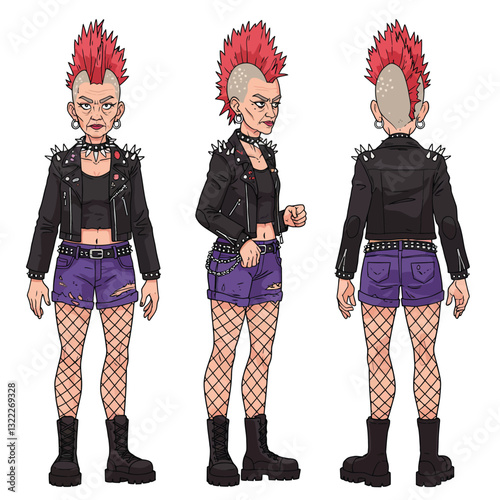 Character design of punk woman in flat vector illustration style with multiple angles of view vector art