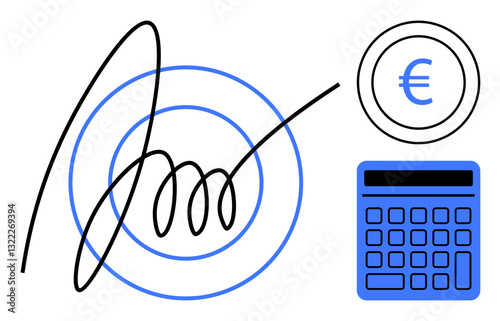 Black signature surrounded by concentric circles, blue calculator, Euro coin. Ideal for e-signatures, finance, banking, tax, business agreements accounting and audit. Flat simple metaphor