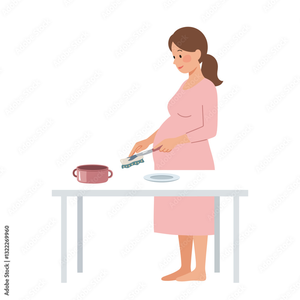 Pregnant woman cooking in kitchen with minimal design style vector illustration Pregnant woman cooking in kitchen with minimal design style vector illustration
