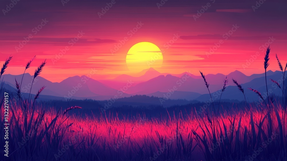 Fototapeta premium Vibrant sunset over silhouetted mountains and tall grass. (1)