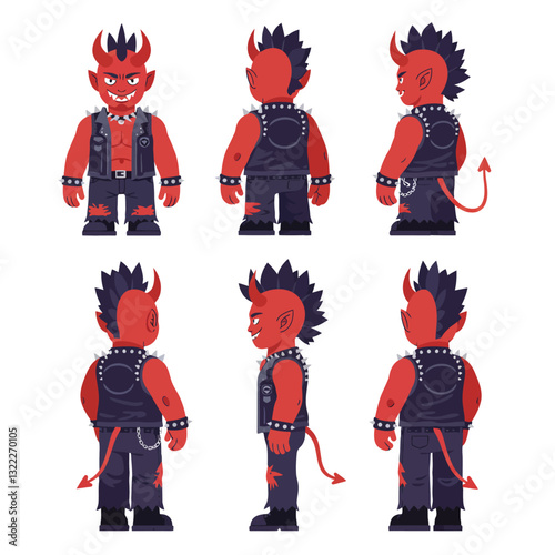 Red devil character design in flat style showcasing multiple angles vector illustration