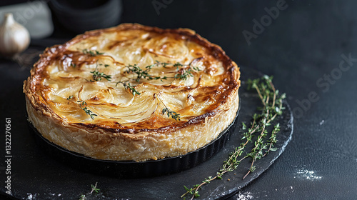 Delicious savory onion tart with fresh herbs on rustic dark background. Advertising banner for food blog post, recipes, culinary articles.  Creativity image 