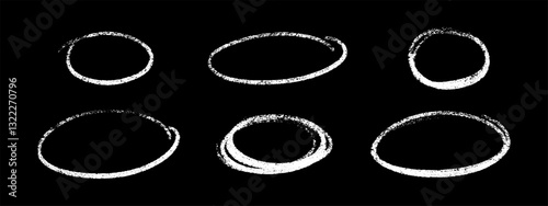 Crayon highlight chalk round shapes on dark background with textured white borders. Distressed hand drawn ovals and rough frames. Raw artistic elements with natural irregularities for graphic design.