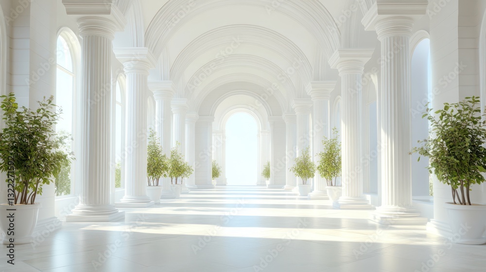 Naklejka premium Sunlit white hallway with columns and plants.