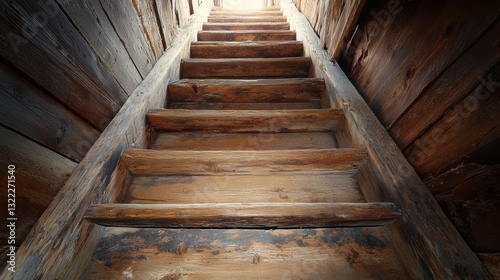 A wooden stair or ladder, bathed in natural sunlight, stretches towards the heavens, its weathered planks promising a journey to the unknown.