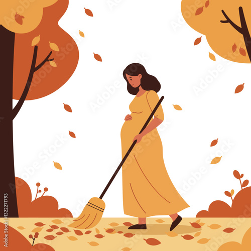 Pregnant woman sweeping autumn leaves in a serene outdoor environment flat vector art