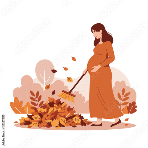Pregnant woman raking colorful autumn leaves in flat vector art style