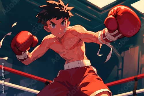An anime style boxer is fighting inside a boxing ring