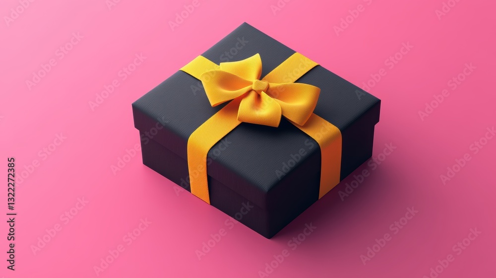 A black gift box, its lid adorned with a vibrant yellow ribbon and a bow, sits in an isometric perspective, inviting viewers into its cozy embrace. A black gift box, its lid adorned with a vibrant yellow ribbon and a bow, sits in an isometric perspective, inviting viewers into its cozy embrace.