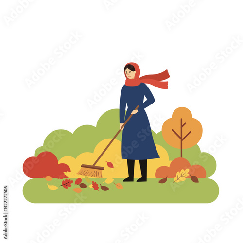Woman raking leaves in autumn colors, flat design, vector illustration
