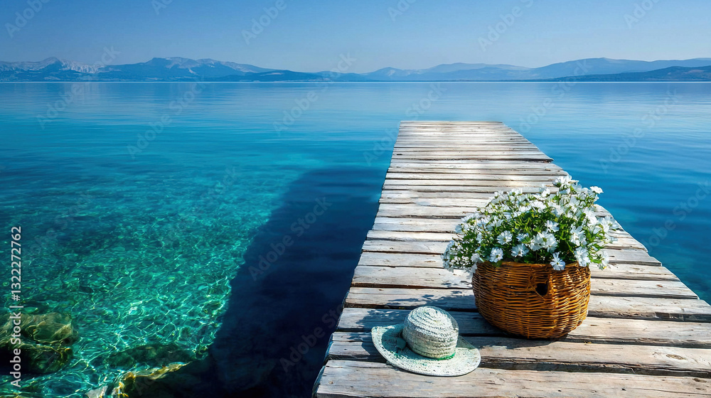 Φωτογραφία A basket of flowers atop a wooden dock beside a water body with mountainous ba