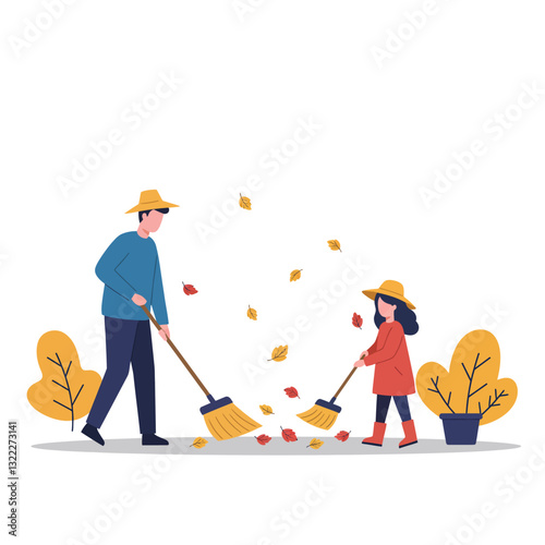 Father and daughter raking leaves in autumn flat vector illustration