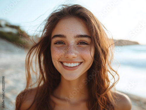 Smiling young woman enjoying the beach in sunlight