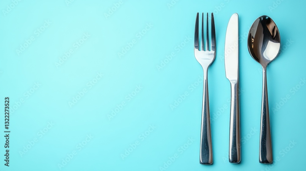 A stainless steel spoon, knife, and fork, their gleaming surfaces reflecting the soft blue background, lay poised on a flat surface, ready to serve a culinary masterpiece. A stainless steel spoon, knife, and fork, their gleaming surfaces reflecting the soft blue background, lay poised on a flat surface, ready to serve a culinary masterpiece.