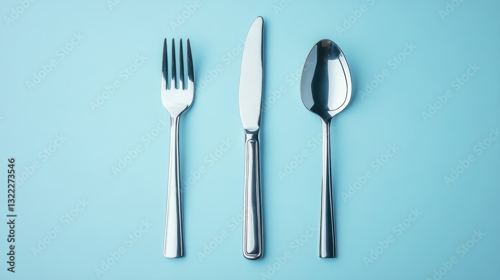 A stainless steel spoon, knife, and fork, their gleaming surfaces reflecting the soft blue background, lay poised on a flat surface, ready to serve a culinary masterpiece. A stainless steel spoon, knife, and fork, their gleaming surfaces reflecting the soft blue background, lay poised on a flat surface, ready to serve a culinary masterpiece.