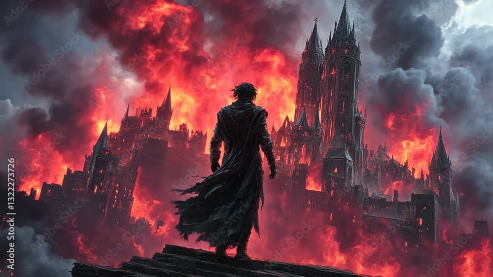 animation illustration, a wizard wearing black robe looking at burning castle, in fire flame and smoke floating