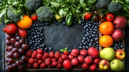 Organic fruits and vegetables with plenty of copy space for weight loss and healthy lifestyle concepts