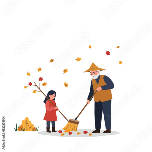 Elderly man and young girl gathering leaves in flat vector illustration