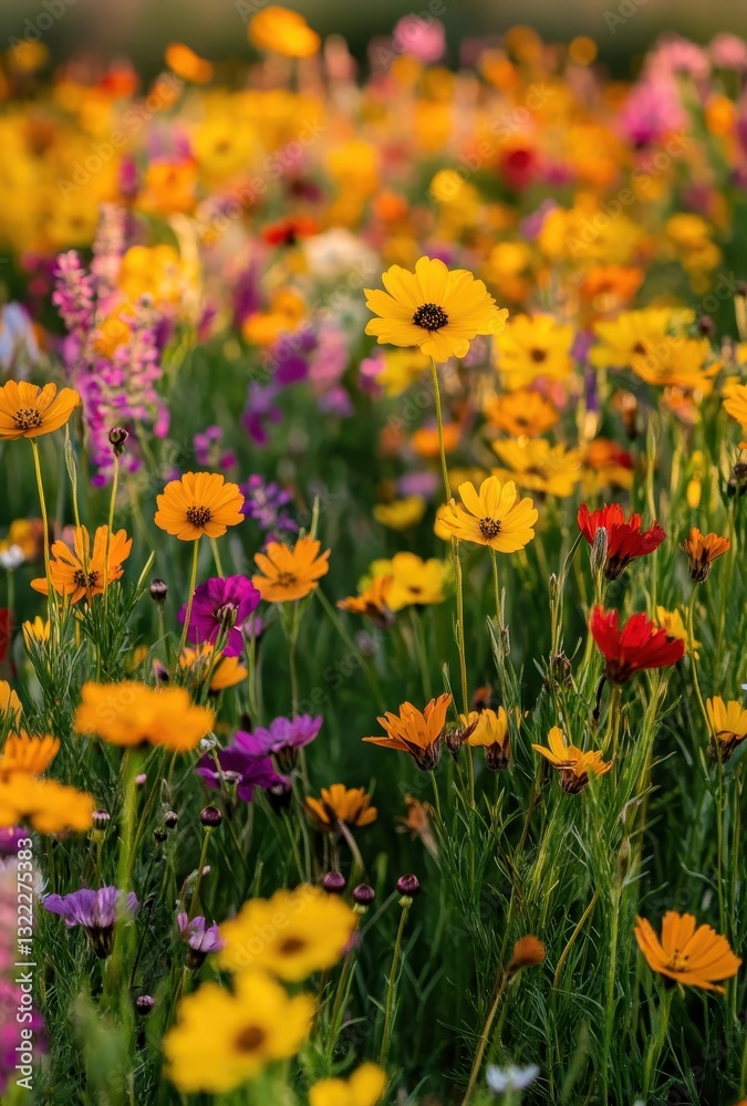 Fototapeta premium Vibrant Wildflower Meadow in Full Bloom with Colorful Petals and Lush Green Background Amidst a Beautiful Natural Landscape