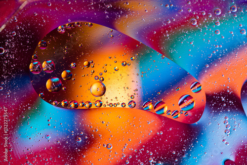 Oil drops floating on a blue-red-yellow background. Scientific research abstract.