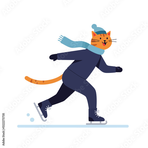 Cat skating joyfully in winter attire, flat design style, colorful vector illustration