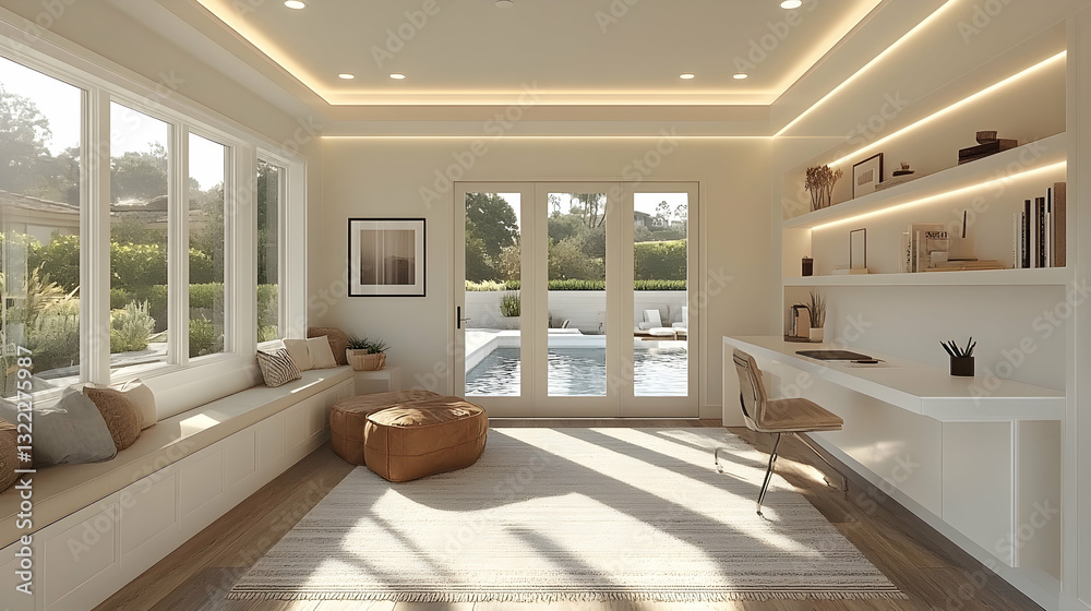 Bright, airy sun-drenched home office with a cozy reading nook Bright, airy sun-drenched home office with a cozy reading nook