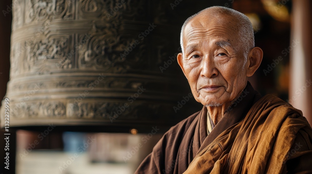 Naklejka premium An elderly monk in traditional robes smiles gently while standing near a large, intricately designed temple bell. Soft light enhances the calm setting, conveying serenity and wisdom