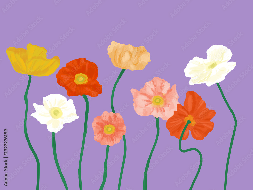 Obraz premium Illustration fleur rouge jaune blanc rose fond violet printemps