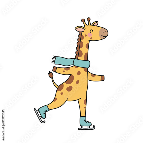 Giraffe ice skating in a cheerful flat design vector illustration