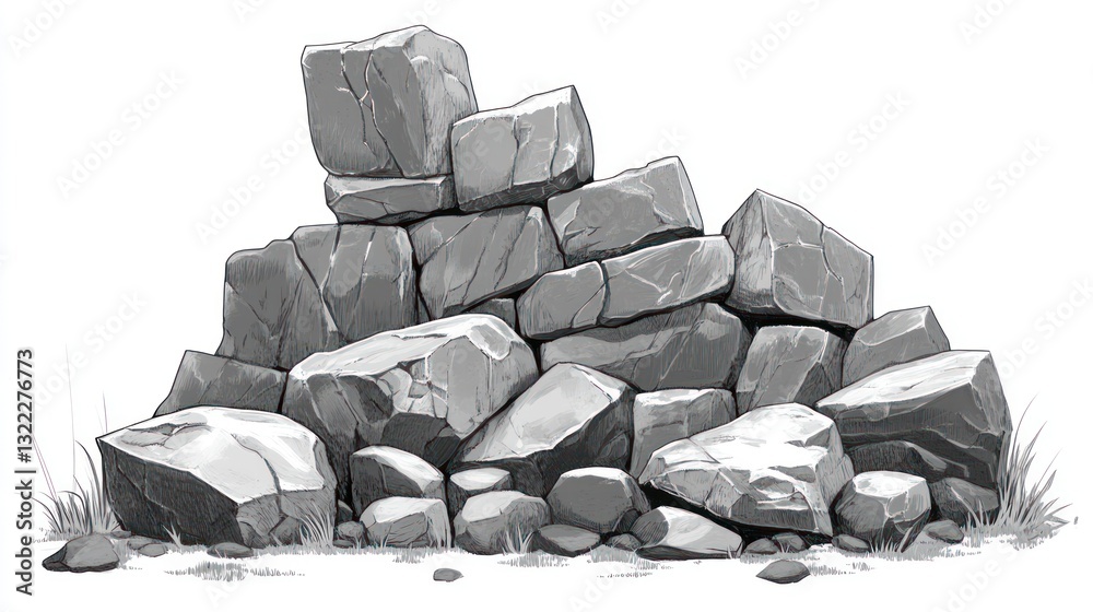 Fototapeta premium Pile of gray stones and rocks on grass.