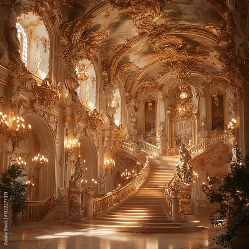 Opulent Luxurious royal staircase with gold decor high resolution picture