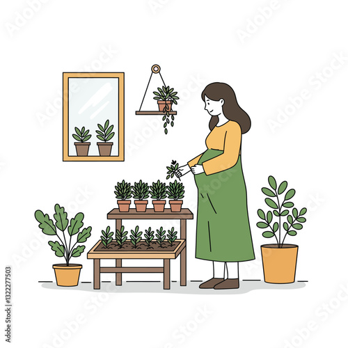 Woman tending to plants in a cozy indoor garden flat vector illustration