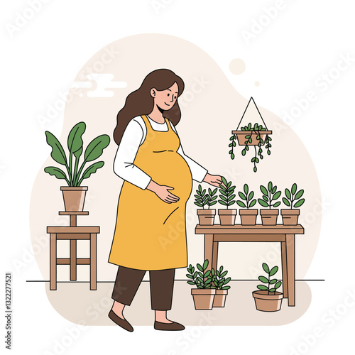 Pregnant woman tending to plants in minimal flat design vector illustration