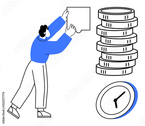Person placing a note while clock and coin stacks emphasize productivity, time management, financial planning. Ideal for business, goals, budgeting, organization, efficiency, planning achievement
