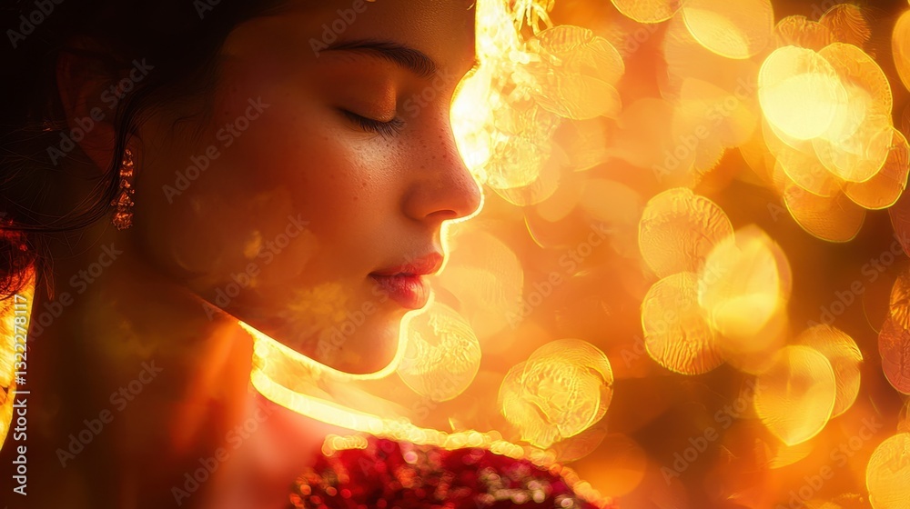 Fototapeta premium A woman is captured in profile against a backdrop of warm golden hues and soft bokeh effects. Her serene expression highlights the peaceful atmosphere created during sunset