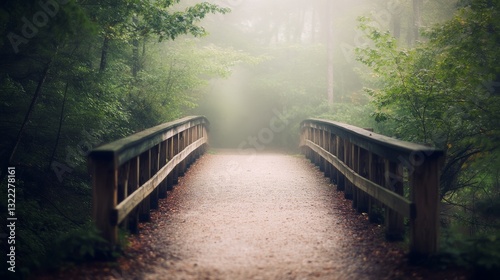 A misty bridge disappearing into a lush green forest, invoking a sense of mystery and serene anticipation of the nature that lies beyond.