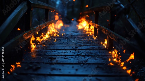 A rustic wooden bridge lit by devouring flames, casting an intense light amidst dark surroundings.