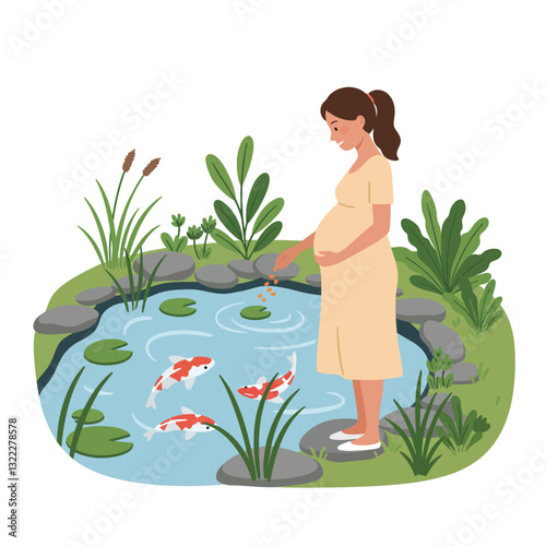 Pregnant woman feeding koi fish by a serene pond in flat vector art