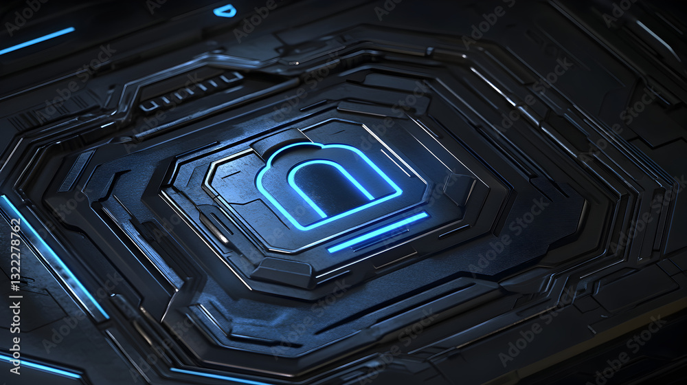 Futuristic microchip with glowing security lock symbolizing cyber protection. Futuristic microchip with glowing security lock symbolizing cyber protection.