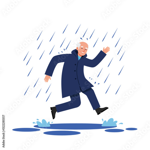 Happy elderly man joyfully splashing in puddles during rain in flat vector art