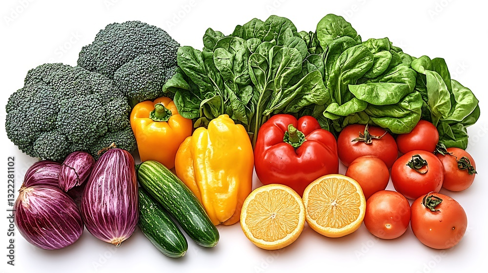 Fresh vegetables and fruits on a white background with room for weight loss tips and nutrition messaging Fresh vegetables and fruits on a white background with room for weight loss tips and nutrition messaging