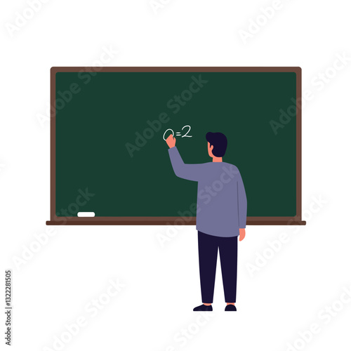 Teacher writing mathematical equation on chalkboard in flat vector art