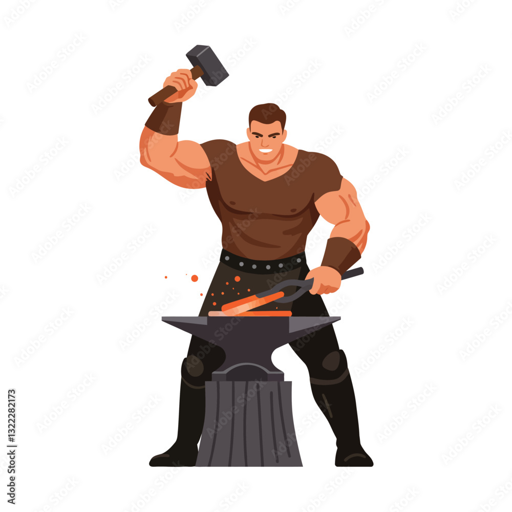 Strong blacksmith striking metal in detailed flat vector art style with tools and anvil vector illustration