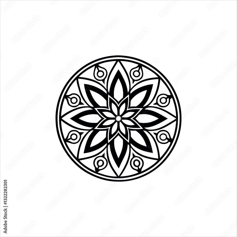 Black and White Mandala Art with Circular Pattern, Lotus-Inspired Center, and Geometric Elements in Symmetry Black and White Mandala Art with Circular Pattern, Lotus-Inspired Center, and Geometric Elements in Symmetry