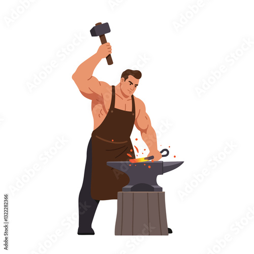 Strong blacksmith forging metal with hammer in flat vector art