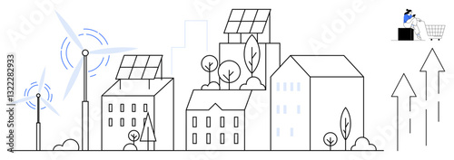 Wind turbines and solar panels on buildings in a cityscape promote renewable energy use and sustainability. Shopping cart and arrows suggesting growth and efficiency. Ideal for topics such as green