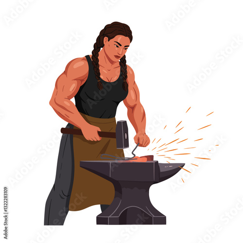 Strong blacksmith woman forging metal with anvil in flat vector art