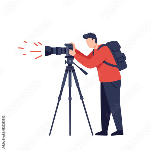 Photographer capturing a moment with detailed flat vector illustration of a camera setup